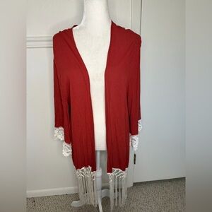 Giddy up Glamour Burnt orange Open-Front Cardigan with Lace and tassel size S